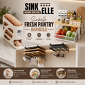 Sinkelle Fresh Pantry Bundle home decor set shown installed in a kitchen setting, including wall-mounted shelf organizers, a stackable storage rack with vegetables, an egg dispenser filled with eggs, and hanging utensils, with marketing text and feature icons.