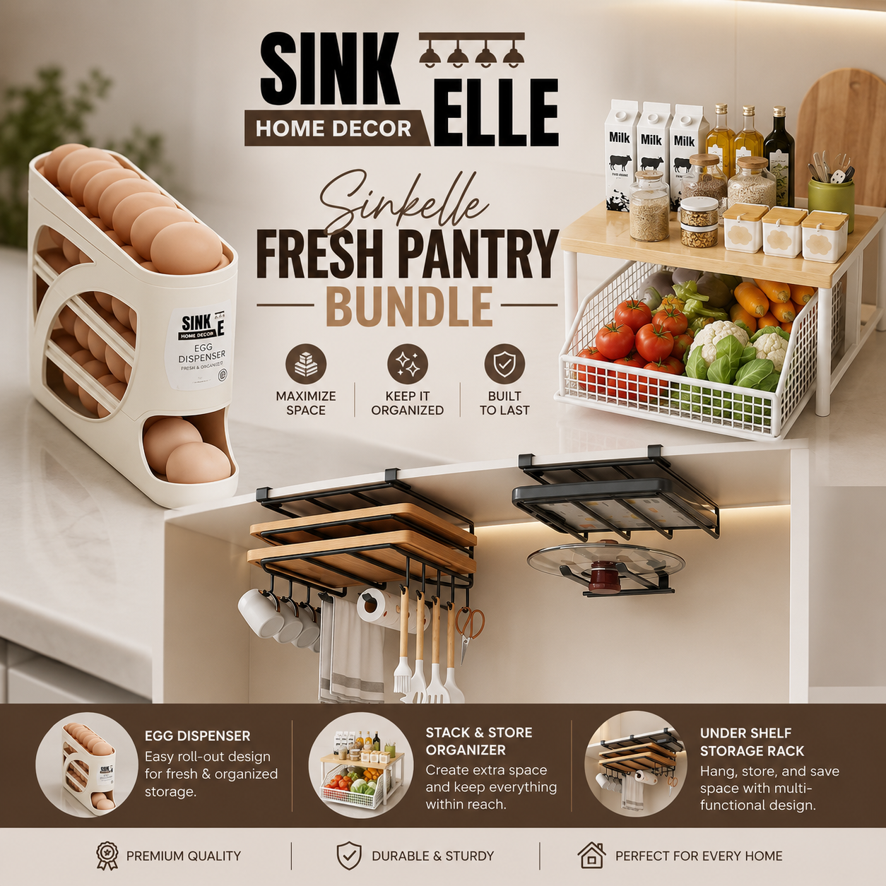 Sinkelle Fresh Pantry Bundle home decor set shown installed in a kitchen setting, including wall-mounted shelf organizers, a stackable storage rack with vegetables, an egg dispenser filled with eggs, and hanging utensils, with marketing text and feature icons.