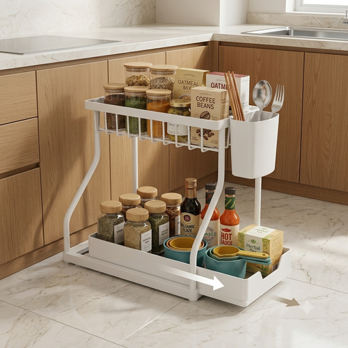 Sinkelle.com Kitchen storage rack with various items in a kitchen setting