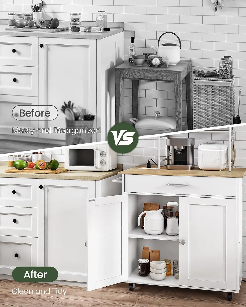 Before and after comparison of a kitchen setup with added storage solutions.