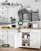 Before and after comparison of a kitchen setup with added storage solutions.