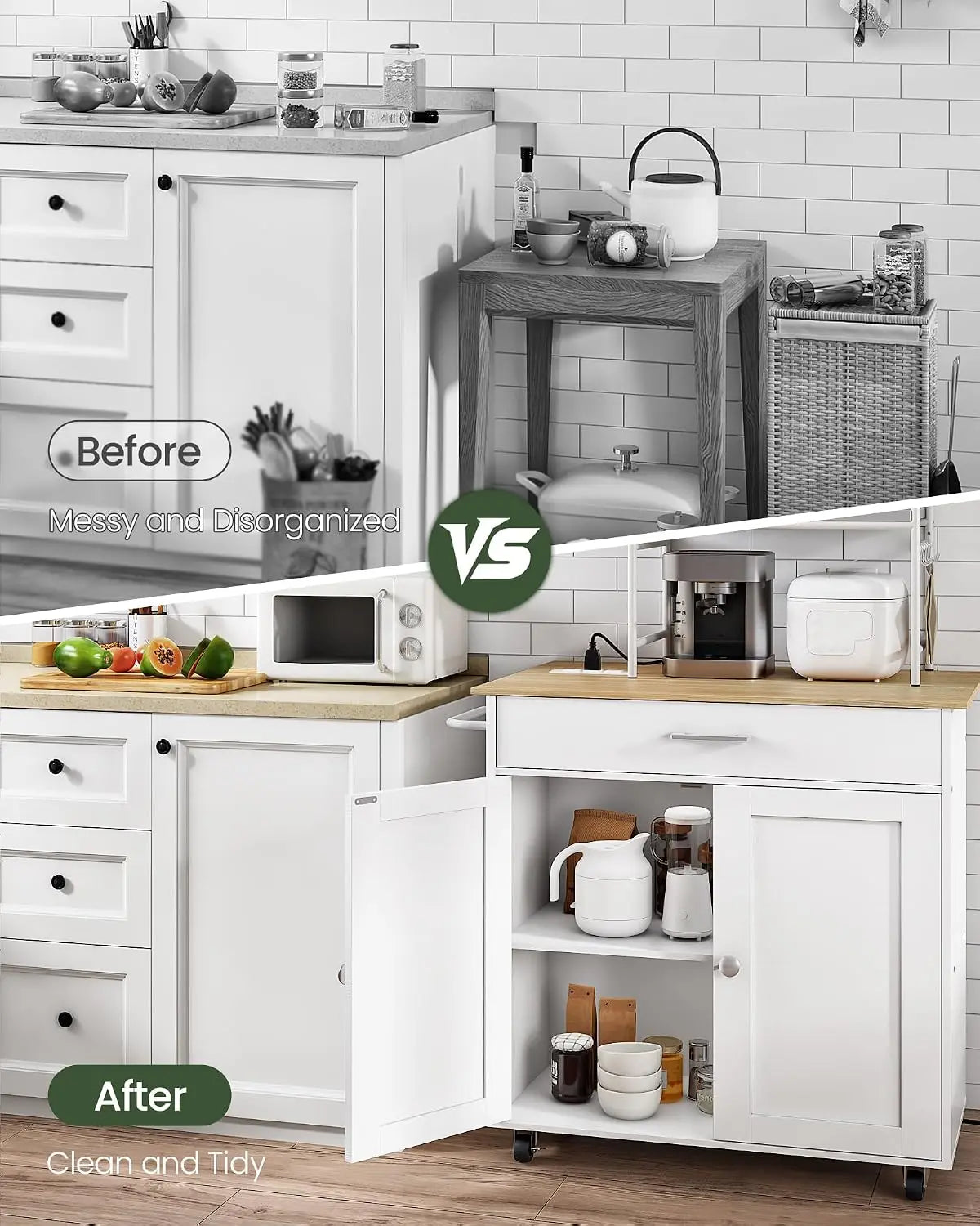 Before and after comparison of a kitchen setup with added storage solutions.