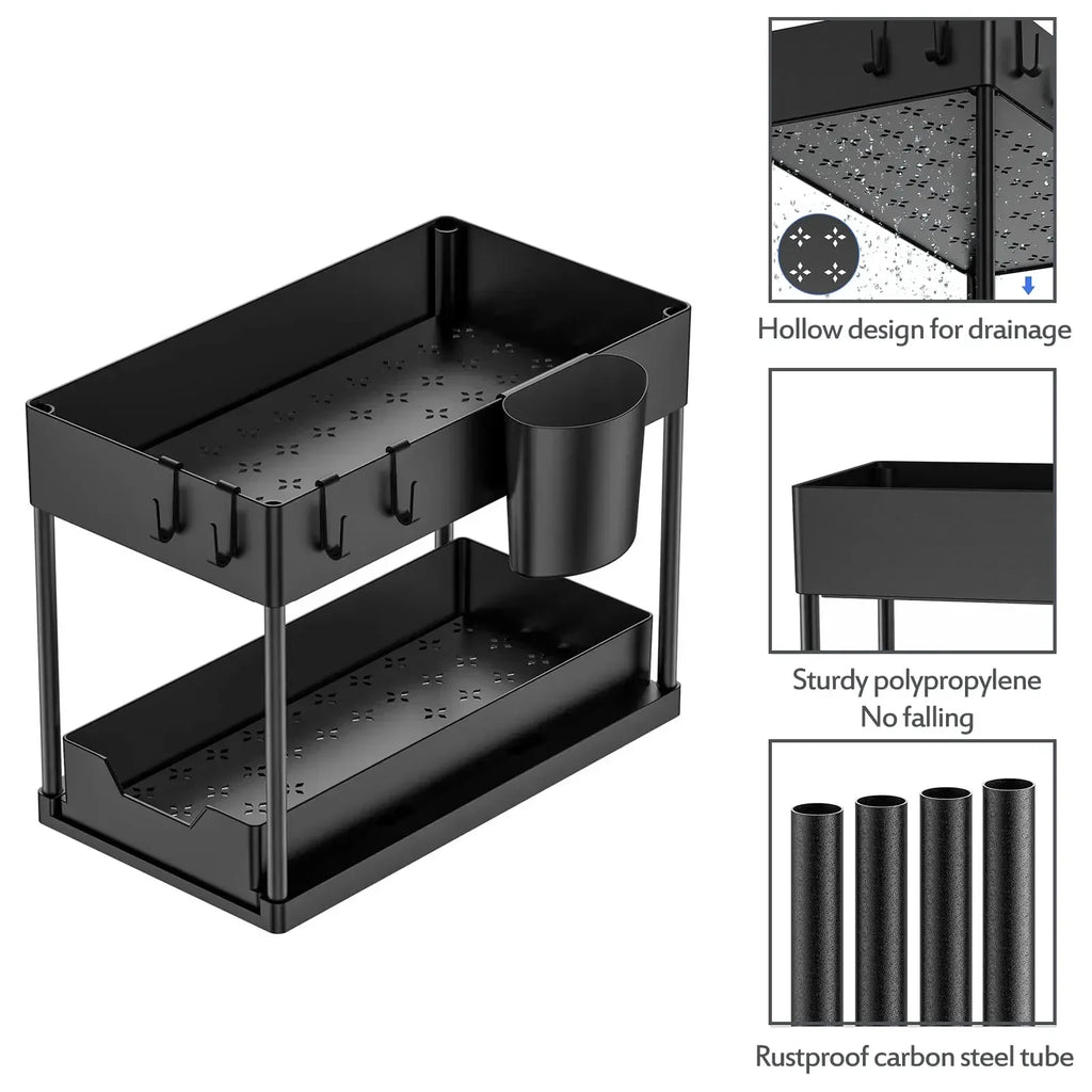Black metal shelf with drainage holes and additional details on a white background