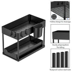 Black metal shelf with drainage holes and additional details on a white background
