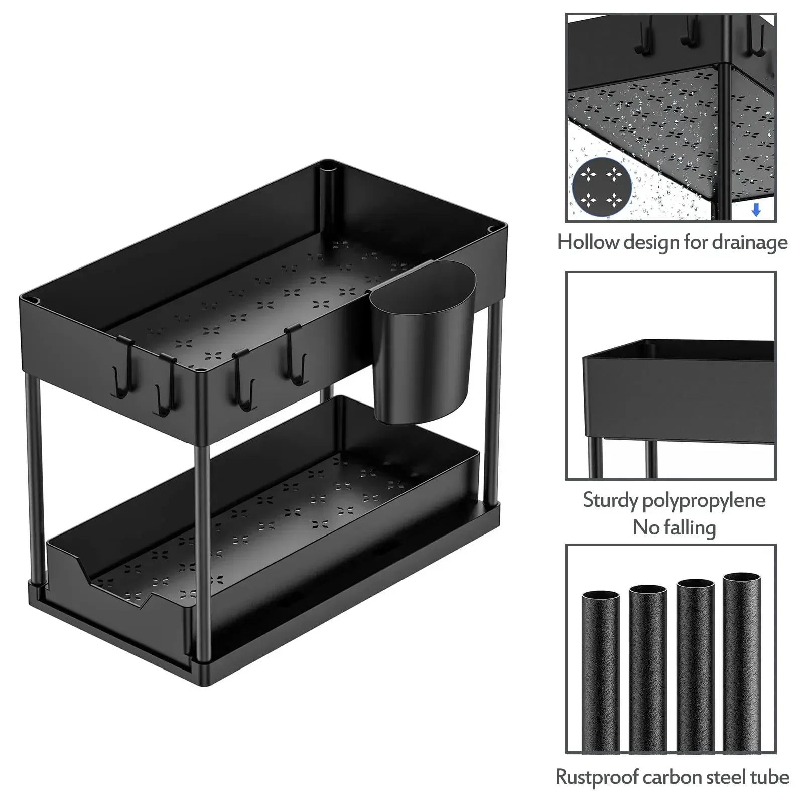 Black metal shelf with drainage holes and additional details on a white background