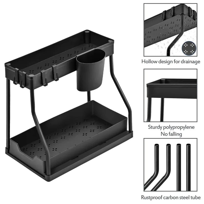 Sinkelle Black metal wall-mounted shelf with cup holder and drainage holes, featuring text on material and design.