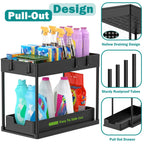 Black pull-out storage organizer with various items on a white background, featuring text and icons about design features.