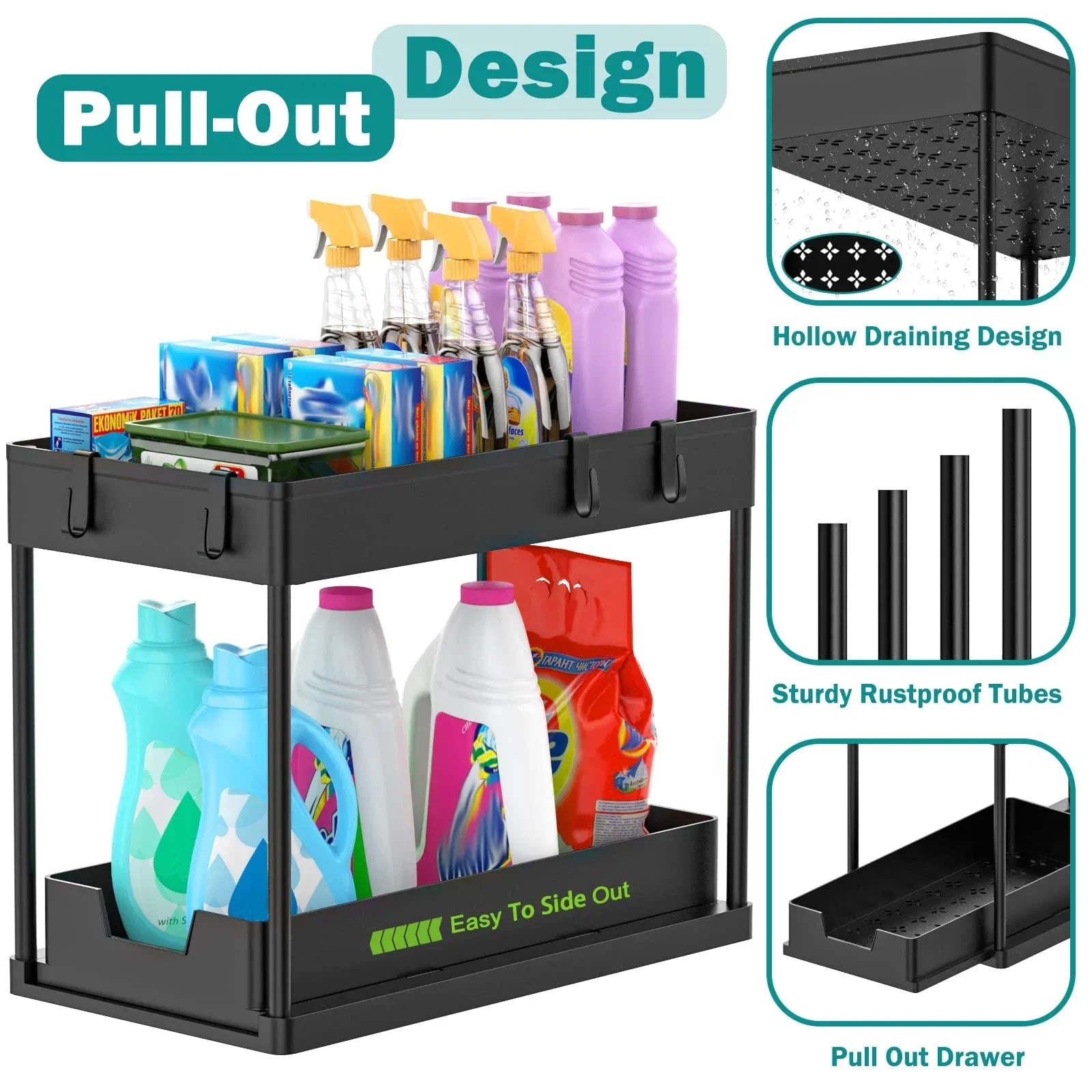 Black pull-out storage organizer with various items on a white background, featuring text and icons about design features.