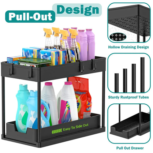 Black pull-out storage organizer with various items on a white background, featuring text and icons about design features.
