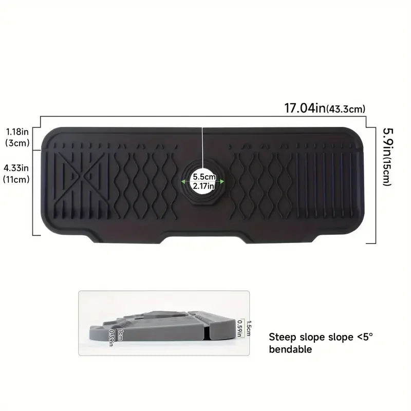 Black rubber mat with measurements and product details on a white background