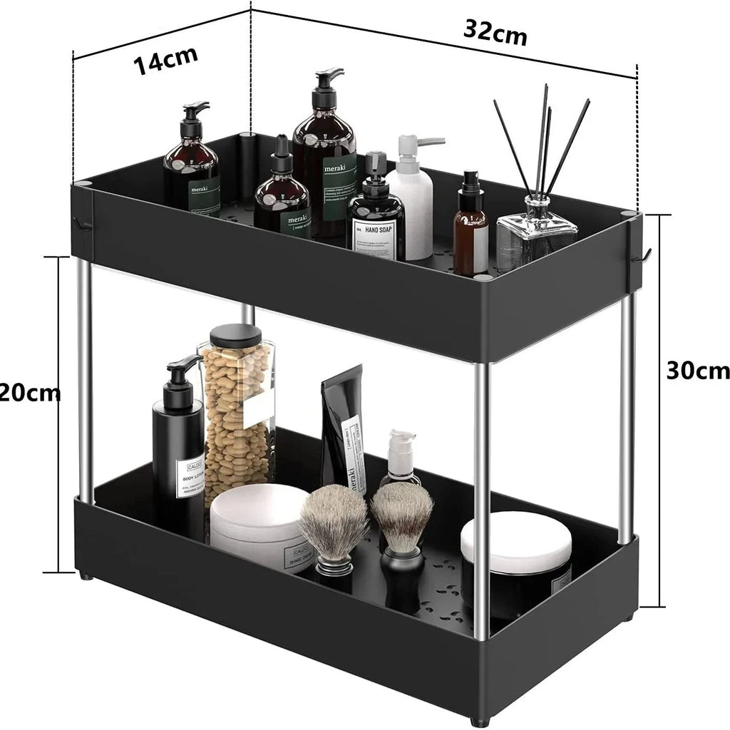 Sinkelle Black two-tiered organizer with various items and dimensions displayed.
