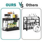 Comparison of a kitchen storage rack labeled 'Ours' vs 'Others' on a white background.