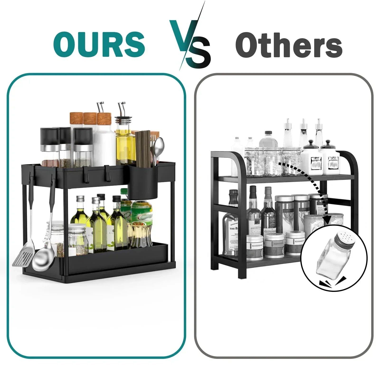 Comparison of a kitchen storage rack labeled 'Ours' vs 'Others' on a white background.