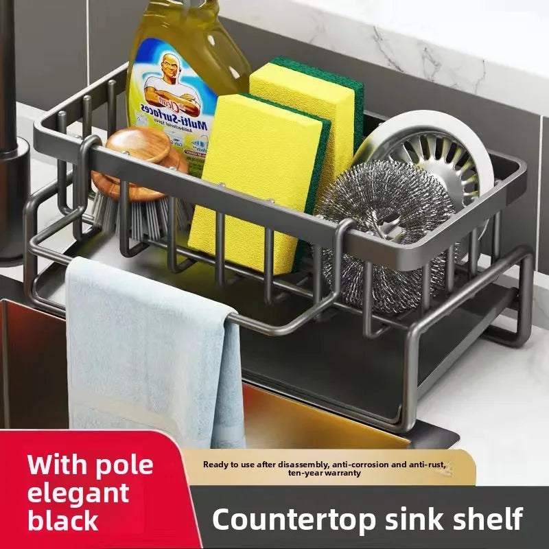 Countertop sink shelf with cleaning supplies on a kitchen counter