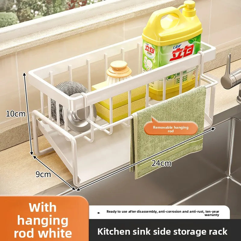 Kitchen sink side storage rack with measuring dimensions and product details.