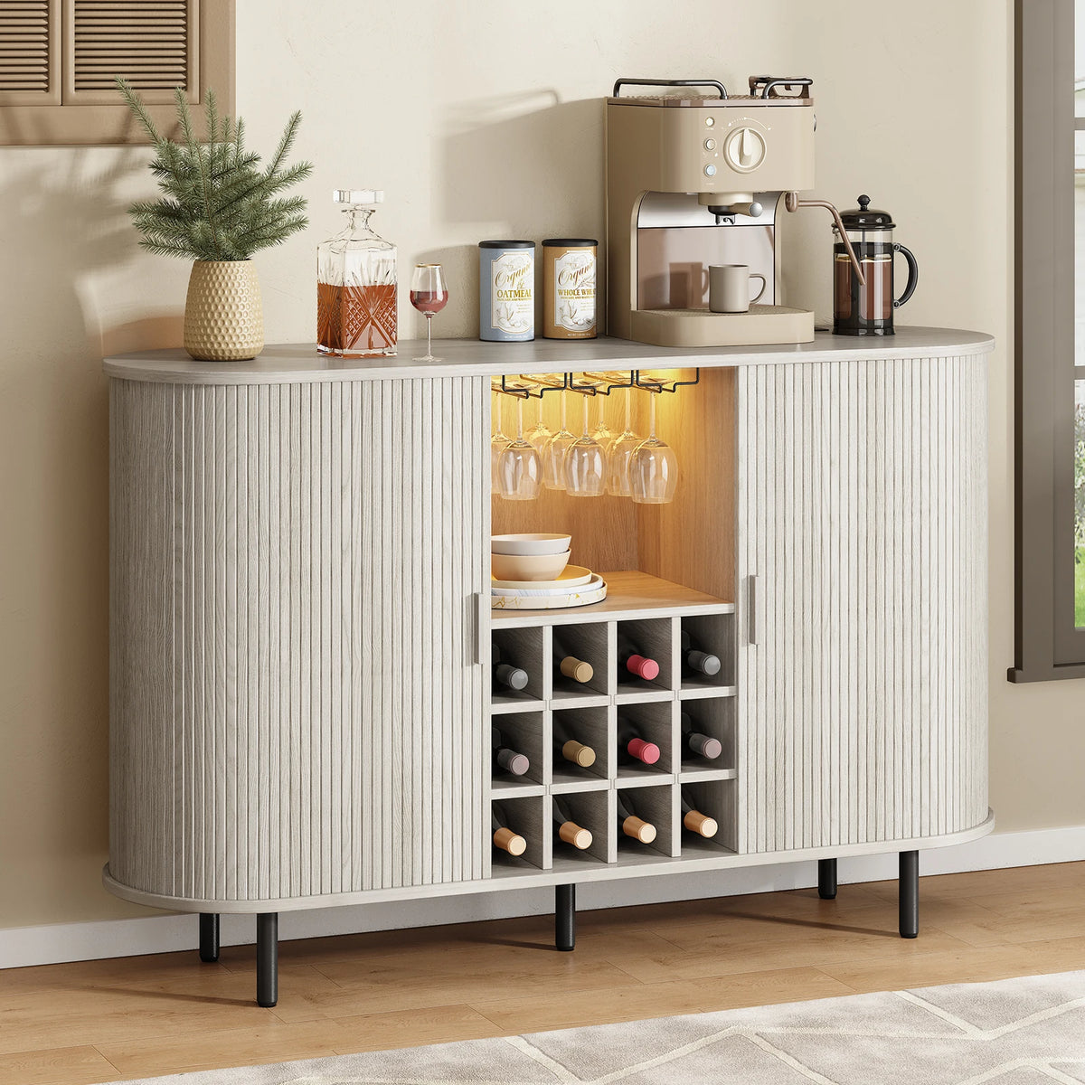 Modern kitchen cabinet with wine storage, coffee machine, and glasses.