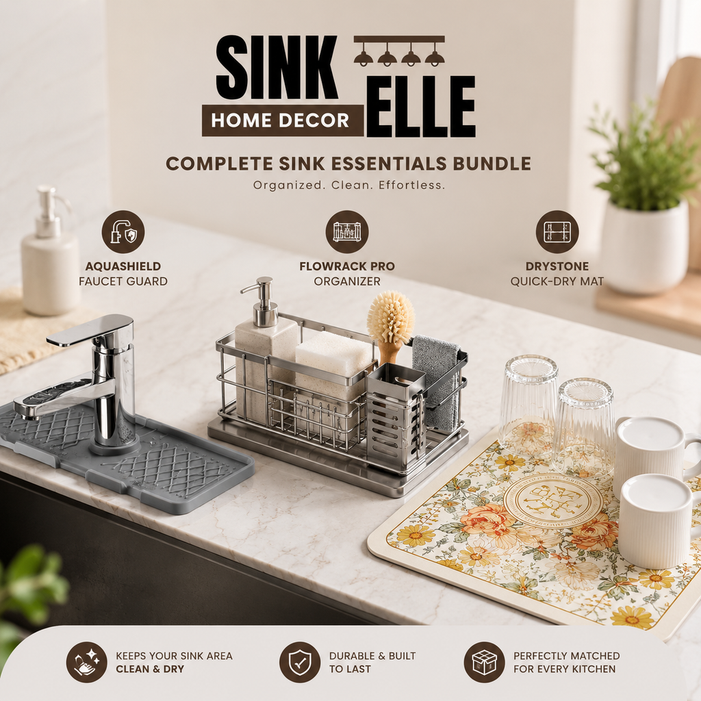Sink Essentials Bundle set displayed on a kitchen sink counter, including a chrome faucet with a gray drain guard, a stainless steel FlowRack organizer, a Drystone quick-dry mat, soap dispenser, sponge, and glassware on a floral mat.