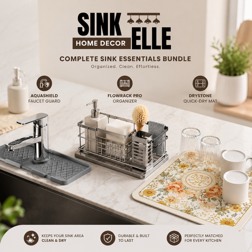 Sink Essentials Bundle set displayed on a kitchen sink counter, including a chrome faucet with a gray drain guard, a stainless steel FlowRack organizer, a Drystone quick-dry mat, soap dispenser, sponge, and glassware on a floral mat.