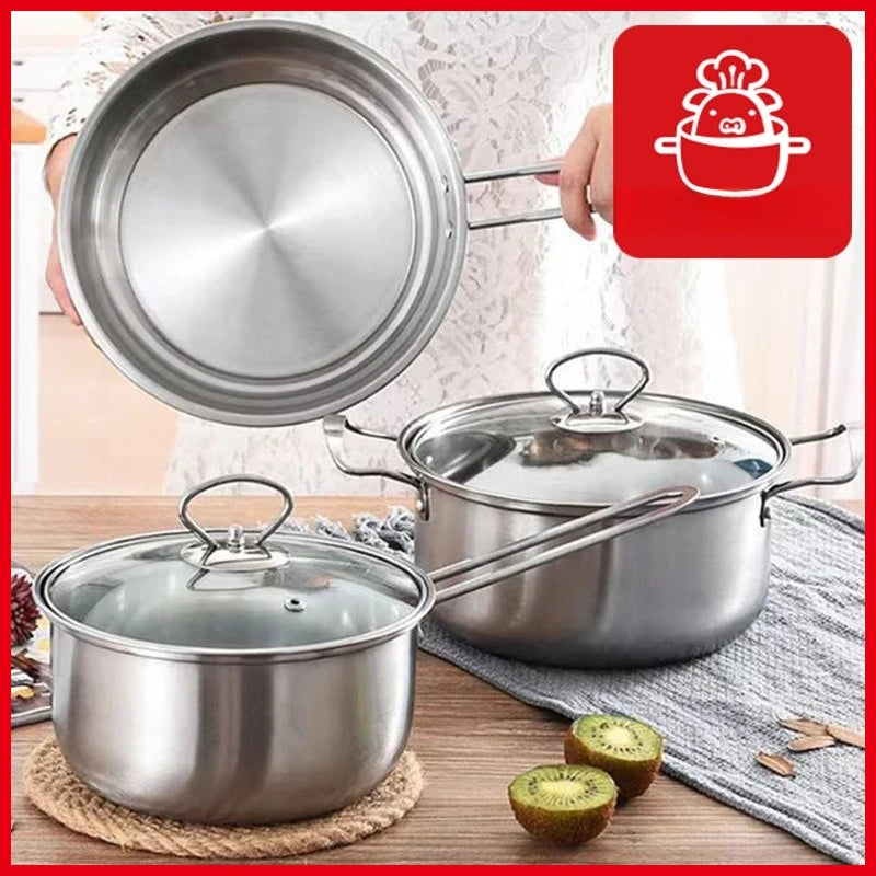 Three stainless steel pots with glass lids are shown on a tabletop, with a person holding one pot lid in the background. A red square logo appears in the top right corner.