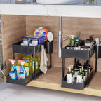 Under-cabinet organizer with various cleaning supplies in a kitchen setting