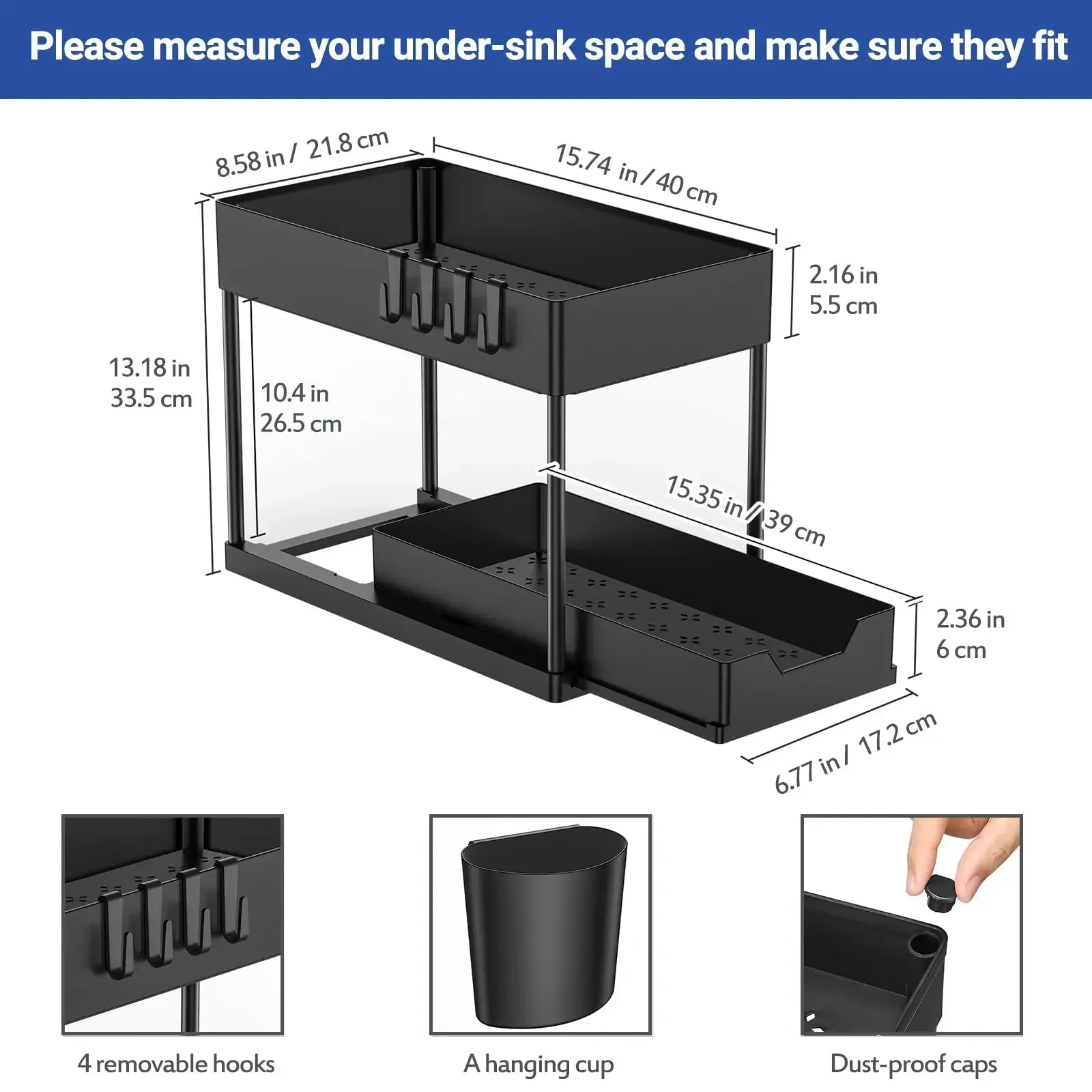 Black under-sink organizer with dimensions and features on a white background