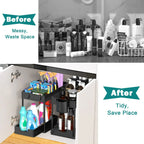 Before and after comparison of a messy cabinet with various bottles and containers, now organized with shelves.