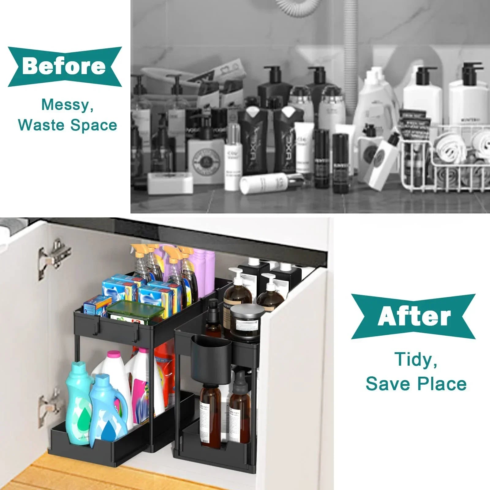 Before and after comparison of a messy cabinet with various bottles and containers, now organized with shelves.
