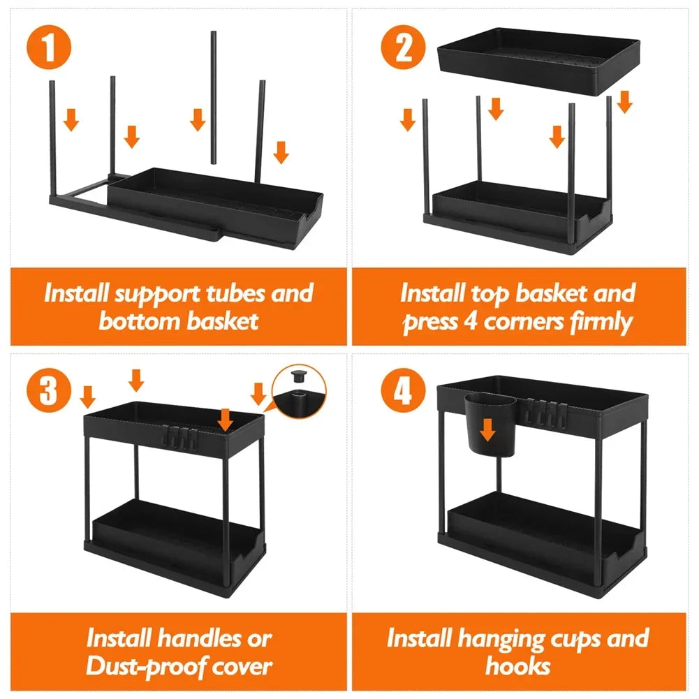 Step-by-step assembly instructions for a black storage unit with baskets and hooks.