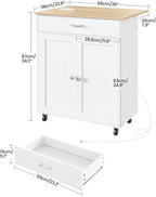 White rolling kitchen cart with a light wood top, one upper drawer, and two lower cabinet doors, shown with dimension labels and an inset of the open bottom drawer.
