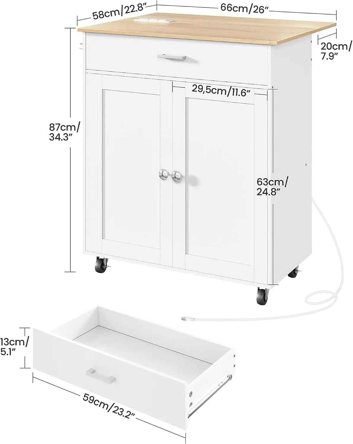 White rolling kitchen cart with a light wood top, one upper drawer, and two lower cabinet doors, shown with dimension labels and an inset of the open bottom drawer.