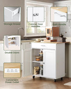 White rolling kitchen cart with a wood-look top, shown in a kitchen setting with inset callouts highlighting features such as storage drawer, cabinet door handles, push handle, double doors, interior storage, and a convenient power outlet.