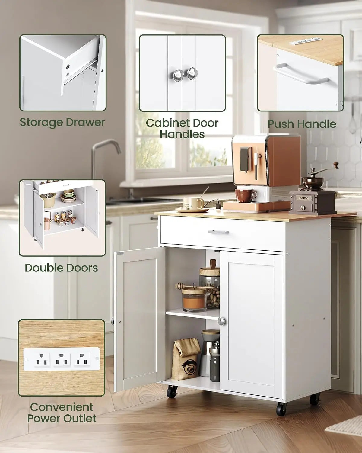 White rolling kitchen cart with a wood-look top, shown in a kitchen setting with inset callouts highlighting features such as storage drawer, cabinet door handles, push handle, double doors, interior storage, and a convenient power outlet.