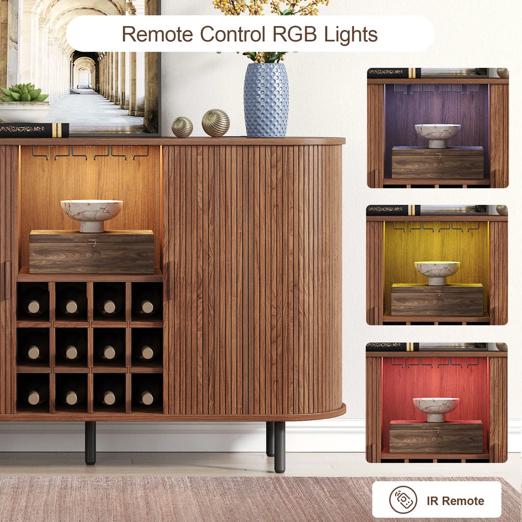 Wooden cabinet with remote control RGB lights and IR remote indicator.