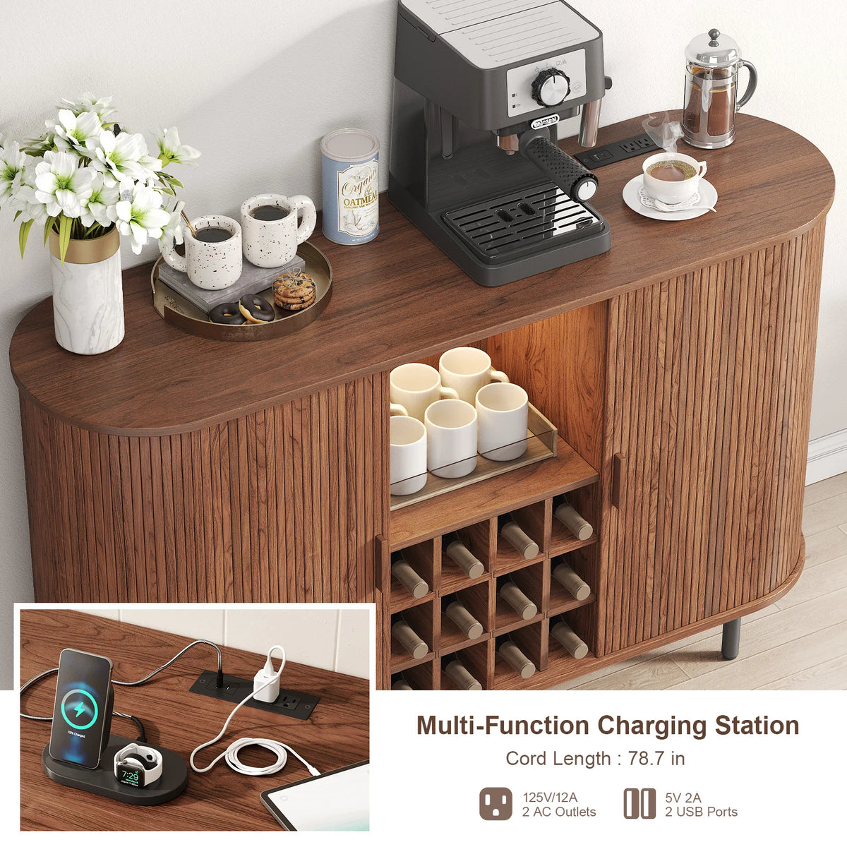 Wooden coffee bar with coffee machine, cups, and a multi-function charging station.