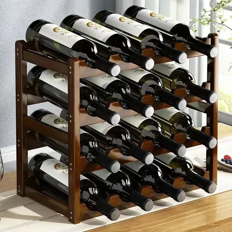 Wooden wine rack with multiple bottles of wine on a wooden floor.