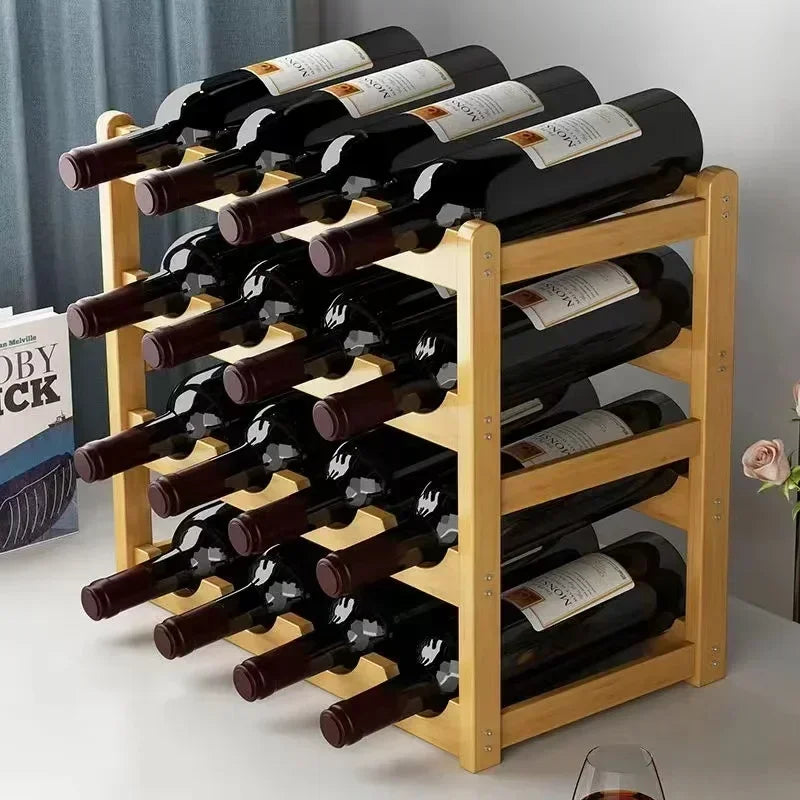 Wooden wine rack holding multiple bottles of wine on a plain background