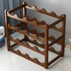 Wooden wine rack on a white surface with a gray curtain background