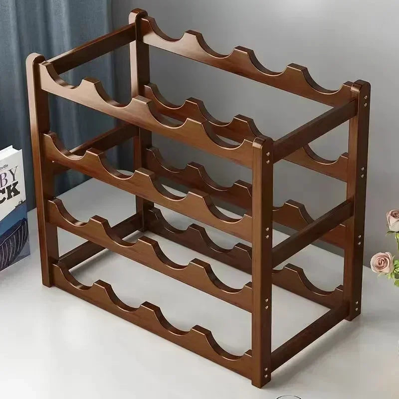 Wooden wine rack on a white surface with a gray curtain background