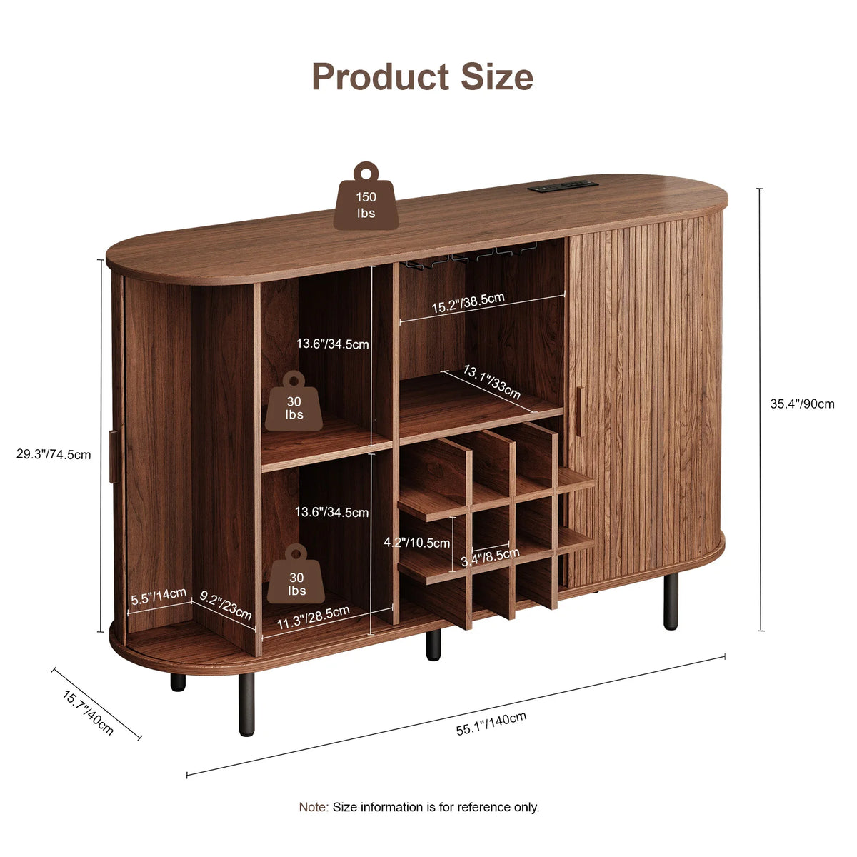 Wooden sideboard with dimensions labeled on a white background