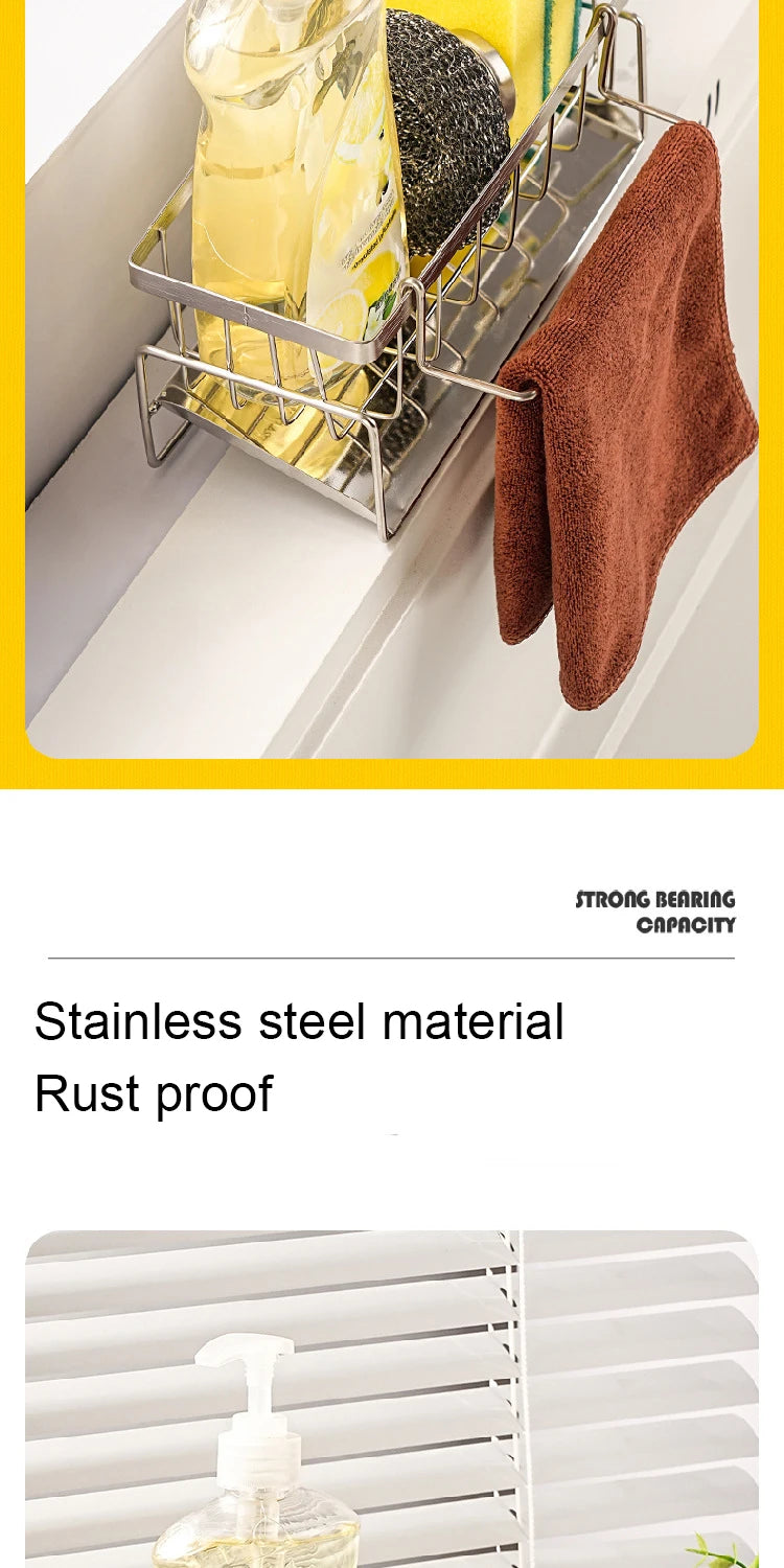 Stainless steel dish rack with a brown towel hanging on a yellow background