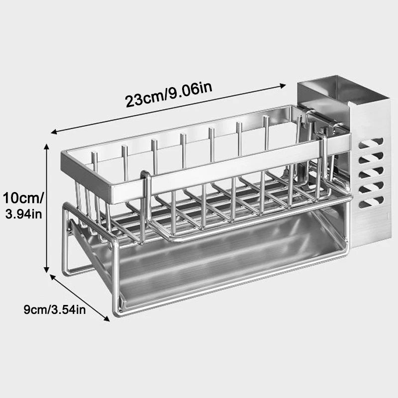 Stainless steel dish rack with dimensions labeled on a white background
