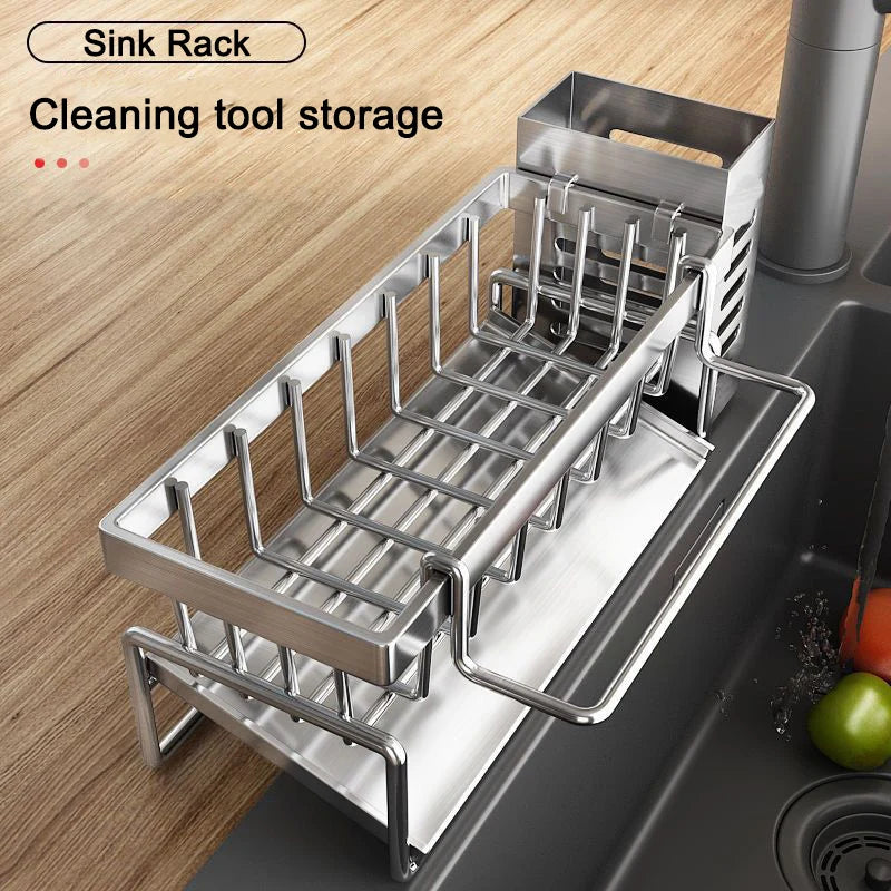 Stainless steel sink rack with cleaning tools on a kitchen counter
