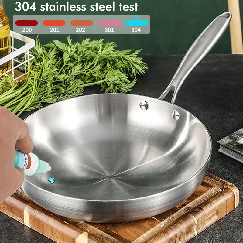 Stainless steel test with a pan on a cutting board, surrounded by vegetables.