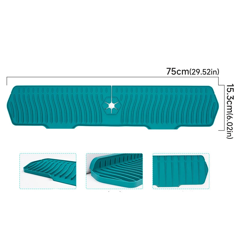 Teal rubber mat with measurements and design features on a white background