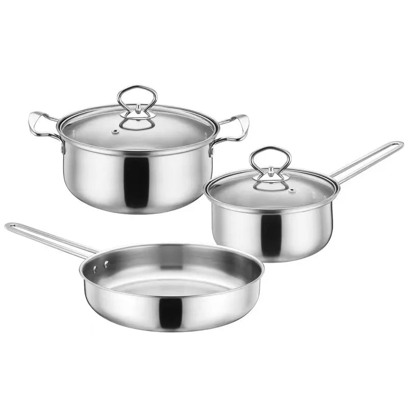 Three-piece stainless steel cookware set including a large pot with lid, a saucepan with lid, and a frying pan, shown on a plain white background.