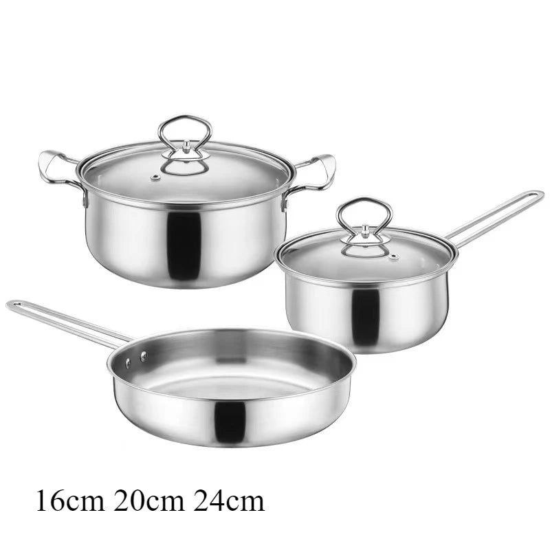 Three stainless steel cookware pieces on a white background: a large pot with lid, a smaller saucepan with lid, and a frying pan with handle. Text at the bottom lists sizes 16cm, 20cm, and 24cm.