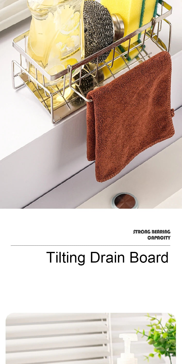 Tilting drain board with a brown towel hanging on it, next to a sink.