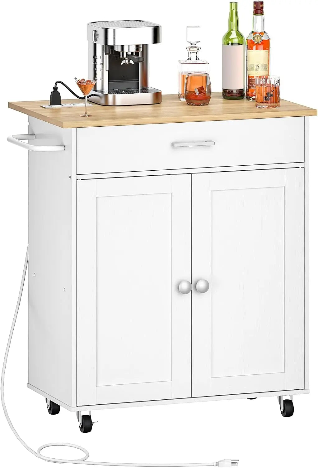 White kitchen island with wooden top and appliances on a white background
