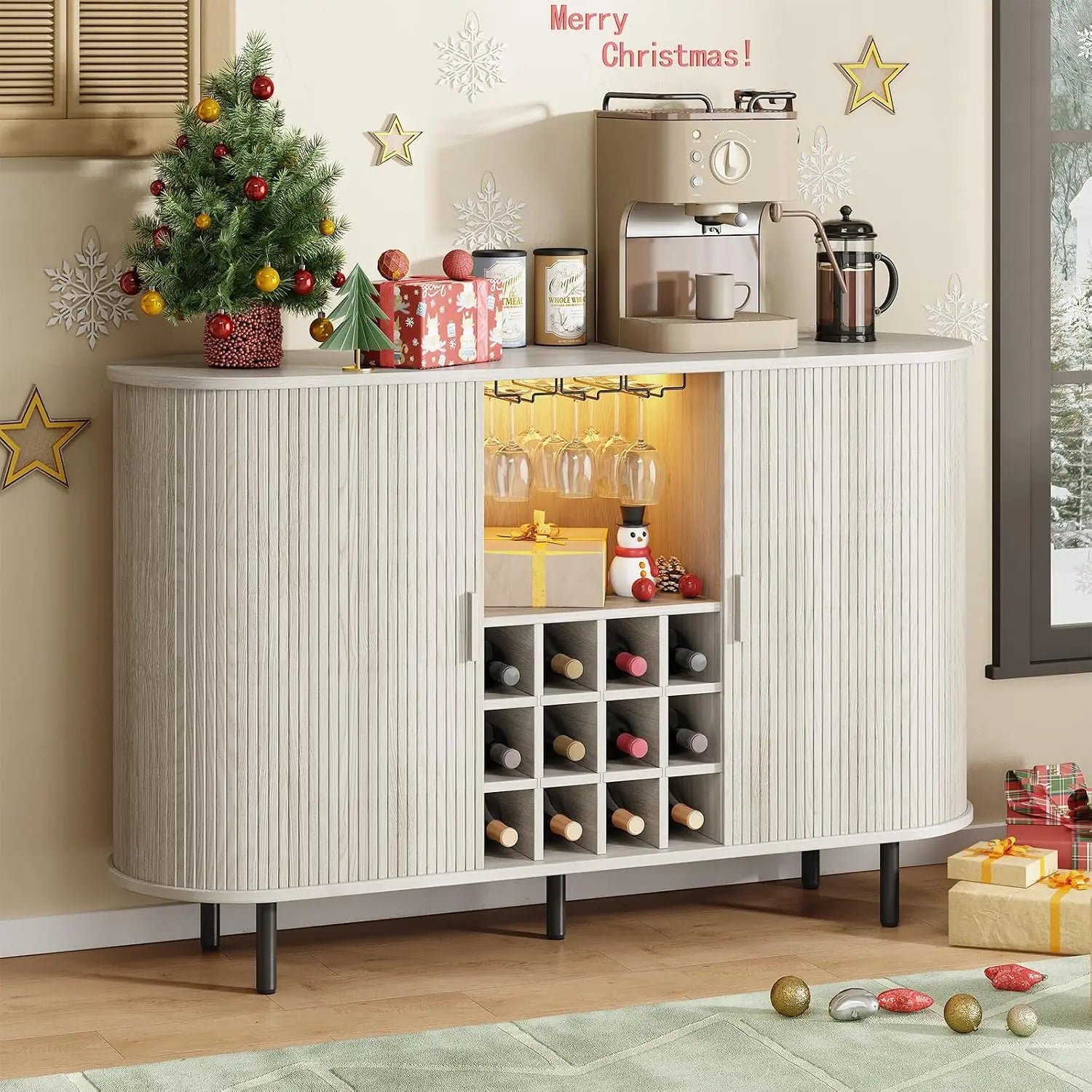 White sideboard with wine bottles, coffee machine, and Christmas decorations.