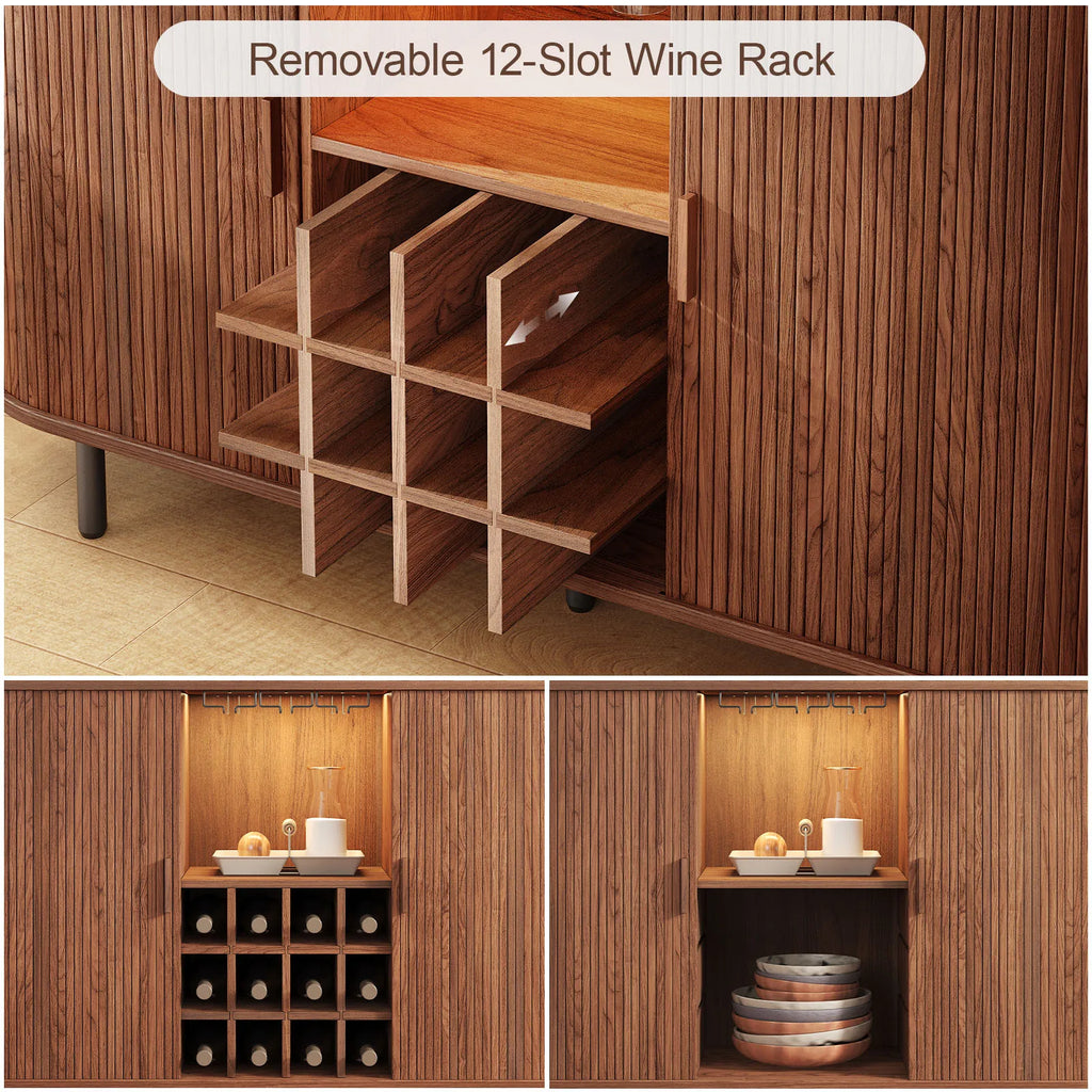Wooden cabinet with a removable 12-slot wine rack and open shelves.